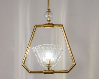 Vintage Murano glass pendant chandelier with brass frame - Art Deco chandelier with central cup in pulegoso glass