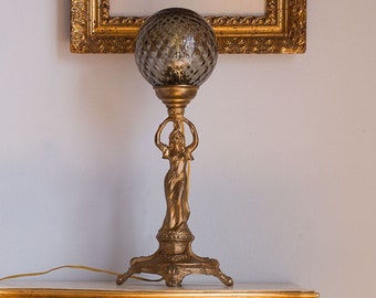 Antique Early 1900s Art Nouveau Table Lamp in Cast Antimony with Crystal Globe