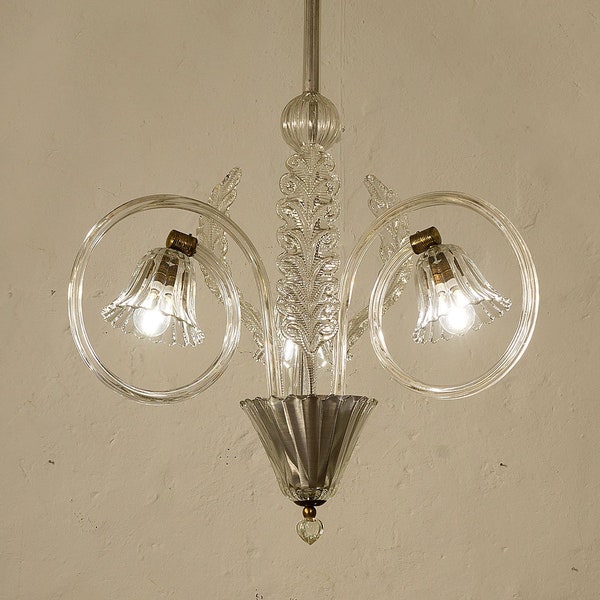 Barovier & Toso chandelier in Murano glass - Vintage 1940s suspension chandelier illuminated by 3 lights
