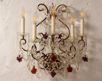 Applique de style Maria Teresa à 5 lumières - Applique avec gouttes en verre de Murano - Applique en fer forgé