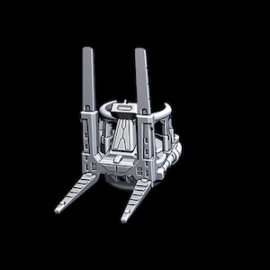 May include: A gray, detailed model of a futuristic spacecraft with two long, thin arms extending out from the sides. The spacecraft has a round, central body with a series of windows and a small, pointed top.