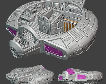 Op de afbeelding: Een gedetailleerd 3D-model van een futuristisch ruimteschip met een grijze buitenkant en paarse ramen. Het interieur van het ruimteschip is zichtbaar, met een cockpit, een vrachtruimte en andere compartimenten.