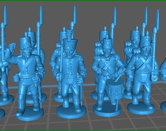 May include: A set of 10 blue plastic toy soldiers, some holding rifles and others holding drums. The soldiers are wearing tall hats and have detailed uniforms.