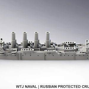 May include: A 3D model of a gray Russian protected cruiser Variag, a type of warship. The model shows the ship's deck, funnels, and other details. The model is a CAD graphic.