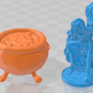 May include: A blue witch figurine holding a broom, standing on a blue base. The witch is wearing a blue dress and has long, flowing hair.  A ceramic orange cauldron with three legs and a swirling brown liquid inside.