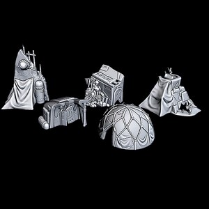 May include: A set of five 3D printed miniature buildings, including a dome-shaped structure, a building with a door and a window, a building with a tent-like structure, and two other buildings with tent-like structures.