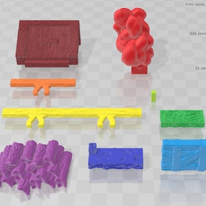 May include: A set of miniature wooden building blocks in various colors, including red, orange, yellow, green, blue, and purple. The blocks are designed to resemble different building materials, such as wood planks, bricks, and logs.