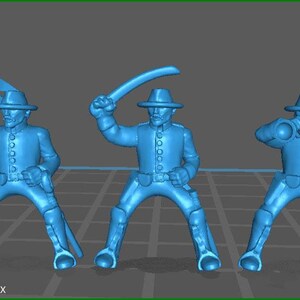 May include: Three blue plastic toy soldiers in different poses. One soldier holds a flag, another holds a sword, and the third holds a bugle.