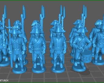 May include: A group of ten blue plastic toy soldiers, some holding spears and one playing a drum. The soldiers are wearing hats and have a military appearance.