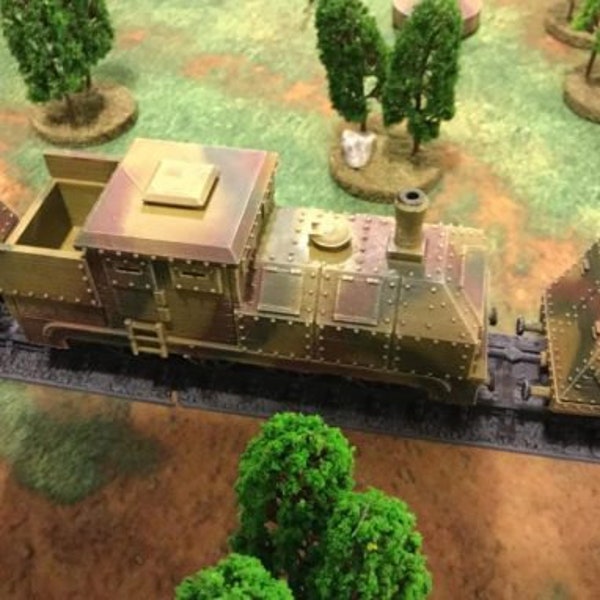 Gepantserde trein (locomotief en vier wagens) - Ideaal voor oorlogsspellen en diorama's op tafel - Hars 28 mm miniaturen - Bolt Action