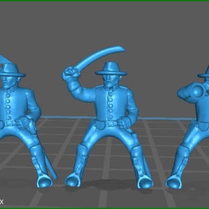 May include: Three blue plastic toy soldiers in different poses. One soldier holds a flag, another holds a sword, and the third holds a bugle.