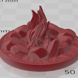May include: A miniature red clay campfire with a sculpted flame and surrounding rocks. The campfire is approximately 5 cm in diameter.