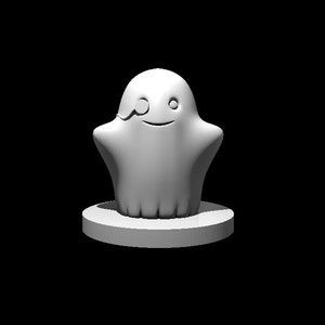 May include: A white ghost figurine with a black eye patch and a friendly smile, standing on a round base.