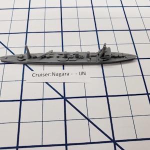 May include: A gray plastic model of the Japanese cruiser Nagara. The model is about 4 inches long and has a detailed hull and superstructure. The model is sitting on a white gridded surface. The text "Cruiser: Nagara - IJN" is printed on a white label below the model.