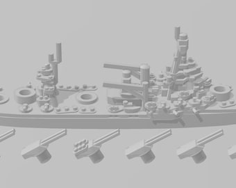 May include: A detailed model of a battleship with a gray finish. The model is assembled and includes several small cannons.