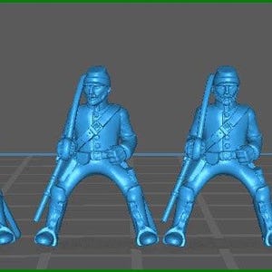 May include: A row of nine blue plastic toy soldiers, each holding a rifle and wearing a hat. The soldiers are all in a seated position with their legs spread apart.