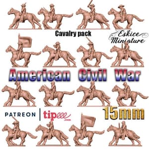May include: A set of 15mm scale plastic cavalry figures for wargaming. The figures are painted in gray and are posed in various riding positions. The figures are part of a cavalry pack for the American Civil War.