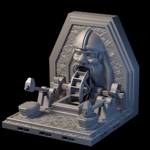 Peut inclure: Modèle d'entrée de donjon fantastique imprimé en 3D gris avec une arche en pierre et un mécanisme d'engrenage. Un visage sculpté avec une barbe et un casque est intégré dans l'arche.
