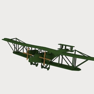May include: A green biplane aircraft with wooden propellers. The aircraft has a large wingspan and is made of metal.