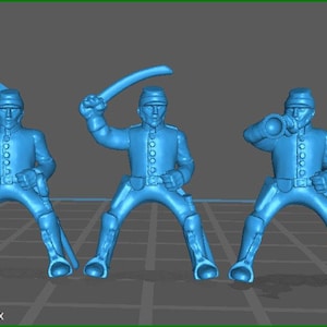 May include: Three blue plastic toy soldiers in different poses. One soldier is holding a flag, another is holding a sword, and the third is holding a bugle.