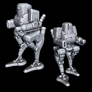 May include: Two gray, articulated, robot figures with multiple joints and weapons. The figures are posed in different stances, one with its weapon raised and the other with its weapon lowered.