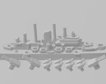 May include: A gray 3D printed model of a battleship with multiple cannons and a detailed deck.