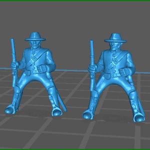 May include: Four blue plastic toy soldiers with hats and rifles. The soldiers are posed in different stances, with one aiming his rifle.