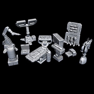May include: A set of 13 grey 3D printed miniature sci-fi props, including a robotic arm, a medical table, a control panel, and a storage container.