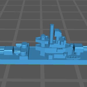 May include: A blue model of a warship with a tall, narrow superstructure and a long, flat deck. The model is detailed with multiple decks, a large gun turret, and a small, raised bridge.