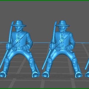 May include: Eight blue plastic toy soldiers in a line, each wearing a hat and holding a rifle. The soldiers are posed in a marching stance.