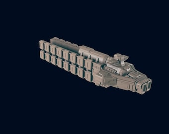 May include: A gray, futuristic spaceship with a long, segmented body and a pointed nose. The spaceship has multiple windows and a detailed design.