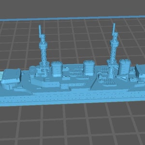 May include: A blue 3D model of a battleship with two large gun turrets and a long deck.