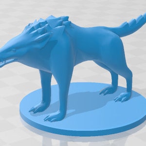 May include: A blue plastic figurine of a wolf-like creature with a spiky back and a long tail. The figurine is standing on a round blue base.