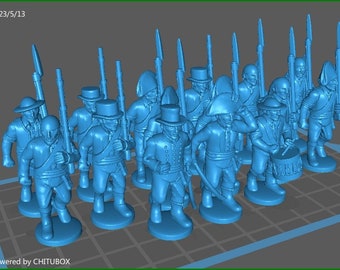 May include: A group of 17 blue plastic toy soldiers, some holding rifles, others holding swords, and one playing a drum. The soldiers are standing on a gridded surface.