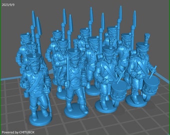 May include: A group of 14 blue plastic toy soldiers, some holding rifles and others holding drums. The soldiers are standing on a gray grid surface.