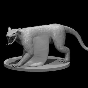 May include: A gray, 3D printed model of a creature with a long, slender body, a furry coat, and a snake-like head with fangs. The creature is posed in a running position with its tail curled up.