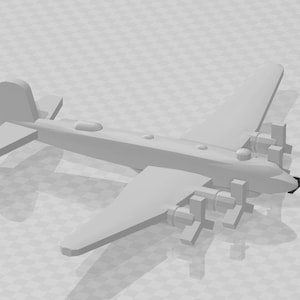 以下が含まれることがあります： 4 つのエンジンと 1 つの尾翼を持つ灰色の飛行機の模型。飛行機は白い表面の上に置かれています。