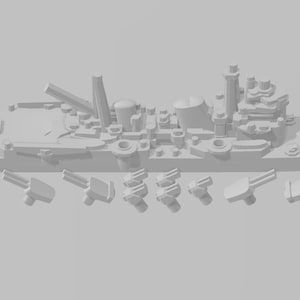 Puede incluir: Un modelo 3D gris de un acorazado con múltiples cañones y una cubierta detallada.