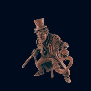 May include: A brown painted miniature figurine of a goblin wearing a top hat and a long coat. The goblin is holding a staff in one hand and a curved staff in the other.