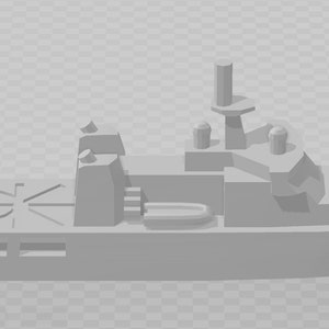 May include: A gray 3D model of a military ship with a large deck and a tall mast.