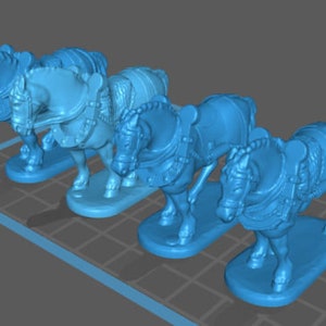 May include: Four blue plastic toy horses with riders, each horse is wearing a detailed harness and saddle. The horses are standing on a gray gridded surface.
