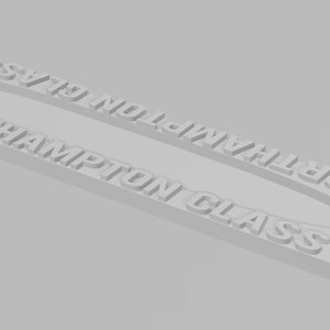 May include: A white 3D printed model of a ship hull with the text "NORTHAMPTON CLASS" embossed on the side.