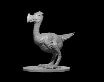 May include: A gray 3D printed model of a bird with a long neck and a beak. The bird is standing on a round base.