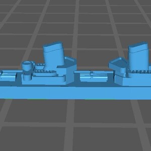 May include: A blue model of a destroyer ship with two large gun turrets and a smaller gun turret on the bow.
