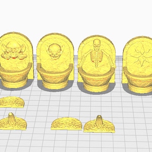 May include: Four yellow ceramic wall fountains with different designs. The fountains feature a goblin, a skeleton, a star, and a goblin with a tongue sticking out. Each fountain has a bowl-shaped basin and a decorative base.