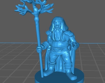 May include: A blue plastic miniature figurine of a dwarf wizard holding a staff with a branching top. The dwarf is wearing a hooded robe and has a long beard.