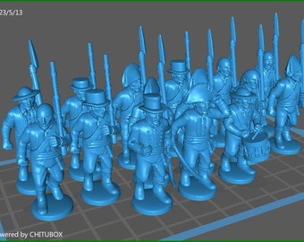 May include: A group of 17 blue plastic toy soldiers, some holding muskets, others holding swords, and one playing a drum. The soldiers are standing on a gray gridded surface.