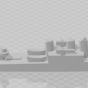 May include: A gray model of a ship with a tall smokestack and multiple decks.