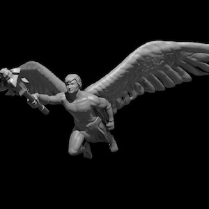 May include: A gray 3D printed figurine of a winged figure holding a weapon. The figure is in mid-air with wings spread out.