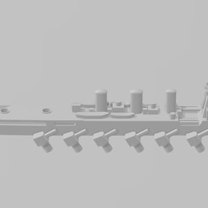 May include: A gray 3D model of a warship with multiple gun turrets and a long, narrow hull.